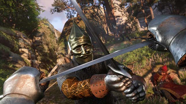 A soldier in a mask attacks with a sword. 