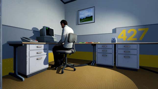 The Stanley Parable's opening moment, as Stanley sits at his PC, awaiting instructions.