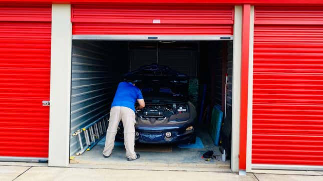 A Pontiac Firebird stored in a self-storage locker