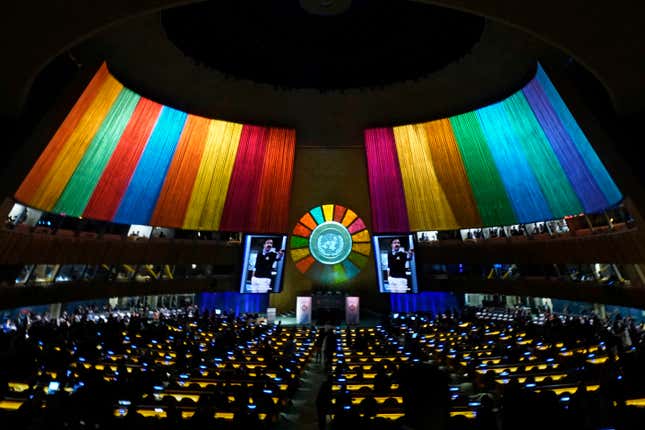 FILE - The United Nations Sustainable Development Forum begins, Monday, Sept. 18, 2023. A donor-advised fund devoted to supporting the United Nations Sustainable Development Goals has leapt from being a relatively minor charity to one with an asset size comparable to behemoths like the Andrew W. Mellon and David and Lucile Packard foundations. (AP Photo/Richard Drew, File)