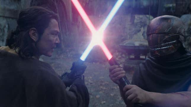 A Jedi and the Stranger duel. 