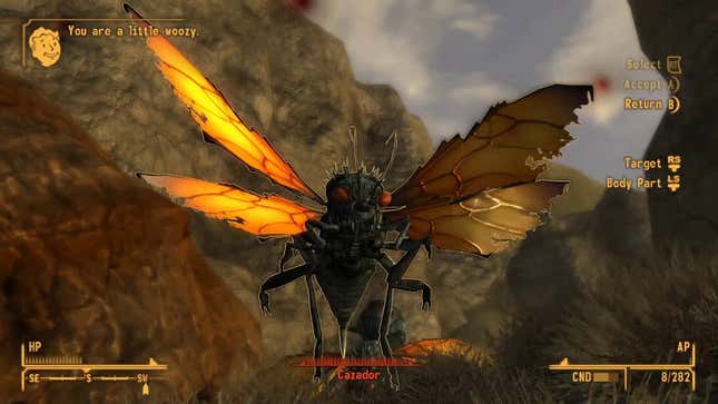 A screenshot shows a Cazador from Fallout New Vegas. 