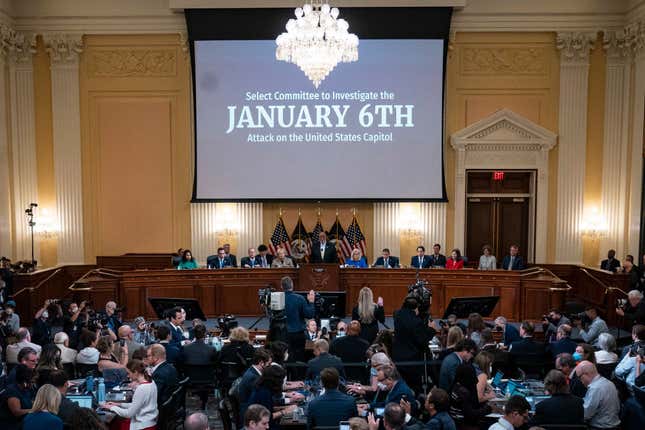 General view of the House Select Committee hearing to Investigate the January 6th Attack on the US Capitol, in the Cannon House Office Building on Capitol Hill in Washington, DC, on June 9, 2022. 