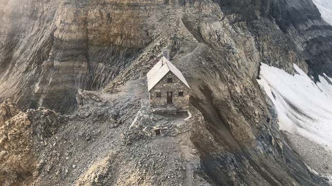 An aerial photo of a hiking lodge threatened by erosion.