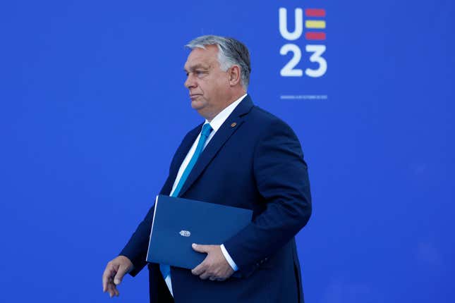 Hungary&#39;s Prime Minister Viktor Orban arrives for the 2nd day of the Europe Summit in Granada, Spain, Friday, Oct. 6, 2023. European Union leaders have pledged Ukrainian President Volodymyr Zelenskyy their unwavering support. On Friday, they will face one of their worst political headaches on a key commitment. How and when to welcome debt-laden and war-battered Ukraine into the bloc. (AP Photo/Fermin Rodriguez)