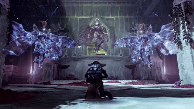 A Destiny 2 Guardian kneels in front of The Witch Queen. 