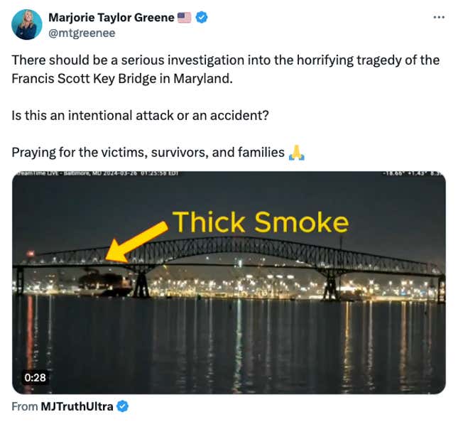 Image for article titled The 7 Dumbest Conspiracy Theories About the Baltimore Bridge Collapse
