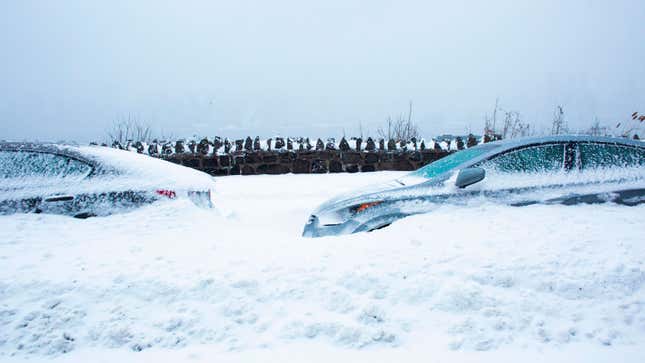 Two cars covered in deep snow