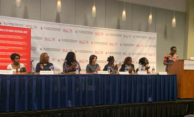 (L-R)Naomi Wadler, Judith Browne Dianis, Rep. Ayanna Pressley, Lily Eskelsen Garcia, Wakumi Douglas, Lindsa McIntyre, Sade Ratliff, R. Monique Morris