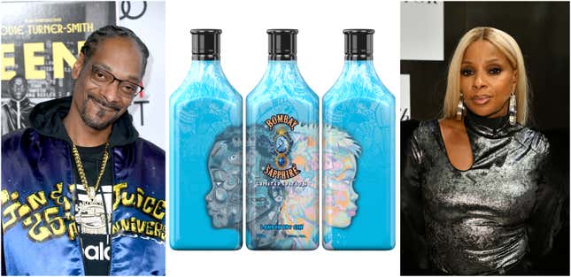 Snoop Dogg, left, on January 05, 2020, in Beverly Hills, Calif.; Hebru Brantley’s design for the new Limited Edition Bombay Sapphire bottles; Mary J. Blige on February 09, 2020, in New York City.