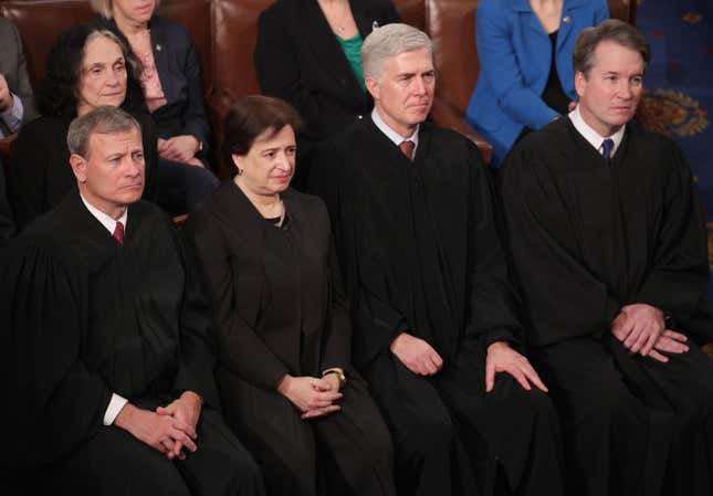 Supreme Court Justices John Roberts, Elena Kagan, Neil Gorsuch, and Brett Kavanaugh at the State of the Union address in the chamber of the U.S. House of Representatives on February 5, 2019 in Washington, D.C.