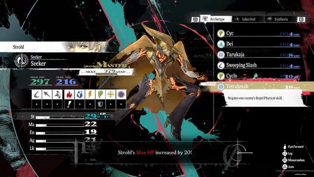 A menu screen in Metaphor: ReFantazio that shows the character Strohl has mastered the Seeker Archetype. A text box reads “Strohl’s Max HP increased by 20!”