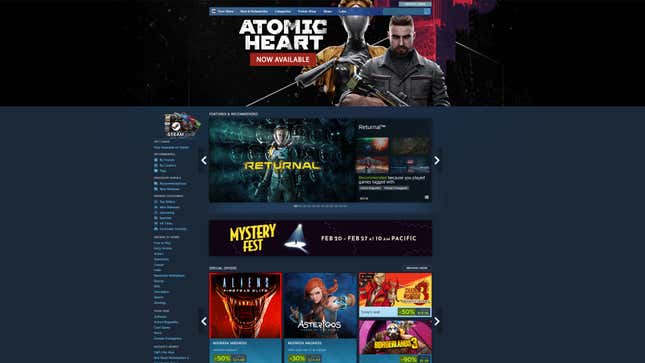 A screenshot of the Steam storefront shows ads for Atmoic Heart, Returnal, Borderlands 3, and more.