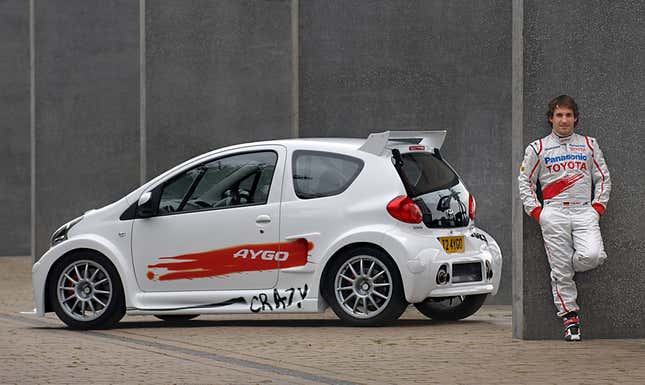 Toyota Aygo Crazy rear 3/4 pictured with then Toyota Formula One driver Timo Glock