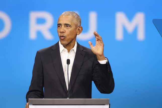 CHICAGO, ILLINOIS - NOVEMBER 03: Former President Barack Obama speaks to attendees at the Obama Foundation Democracy Forum on November 03, 2023 in Chicago, Illinois. Obama spoke about economic inclusion is fundamental to safeguarding and expanding democracies in countries around the world. 