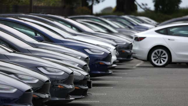 Brand new Tesla cars are displayed on the sales lot at a Tesla dealership on May 16, 2023 in Colma, California. 