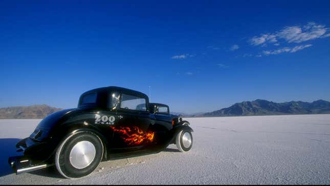 A photo of a race car on the Bonneville Salt Flats. 