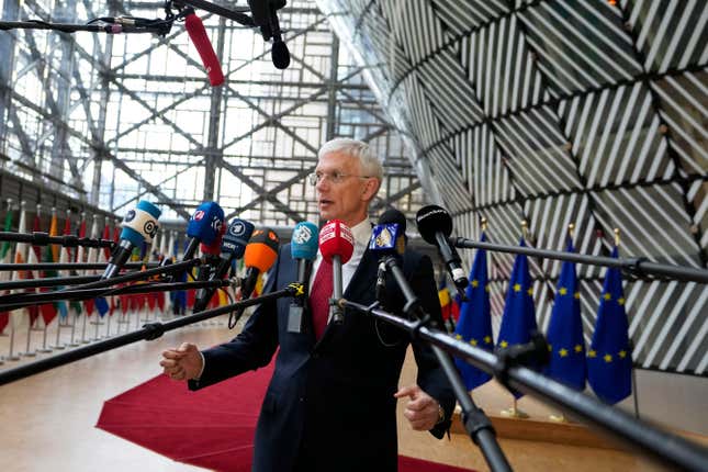 Latvia&#39;s Foreign Minister Krisjanis Karins speaks with the media as he arrives for a meeting of EU foreign ministers at the European Council building in Brussels, Monday, March 18, 2024. European Union foreign ministers on monday will discuss Russia&#39;s aggression against Ukraine, Belarus, and the situation in the Middle East. (AP Photo/Virginia Mayo)