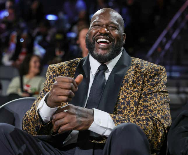 Naismith Memorial Basketball Hall of Fame member Shaquille O’Neal attends a semifinal game of the Emirates NBA Cup at T-Mobile Arena between the Atlanta Hawks and the Milwaukee Bucks on December 14, 2024 in Las Vegas, Nevada. 