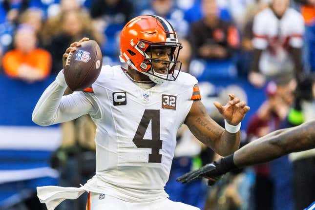 Oct 22, 2023; Indianapolis, Indiana, USA; Cleveland Browns quarterback Deshaun Watson (4) drops back to pass the ball in the first quarter against the Indianapolis Colts at Lucas Oil Stadium.