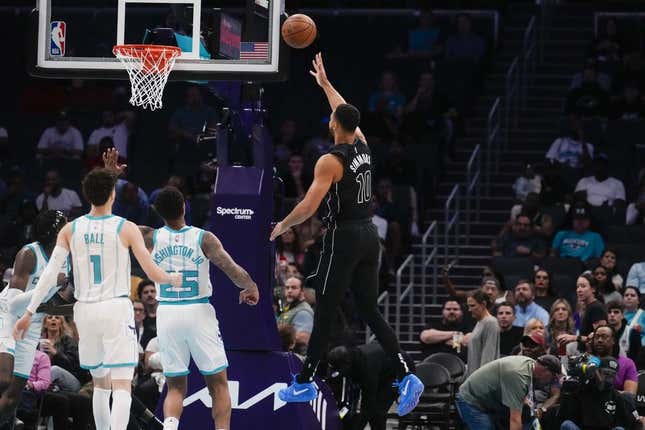 Oct 30, 2023; Charlotte, North Carolina, USA; Brooklyn Nets guard Ben Simmons (10) attempts a shot against the Charlotte Hornets during the first quarter at Spectrum Center.