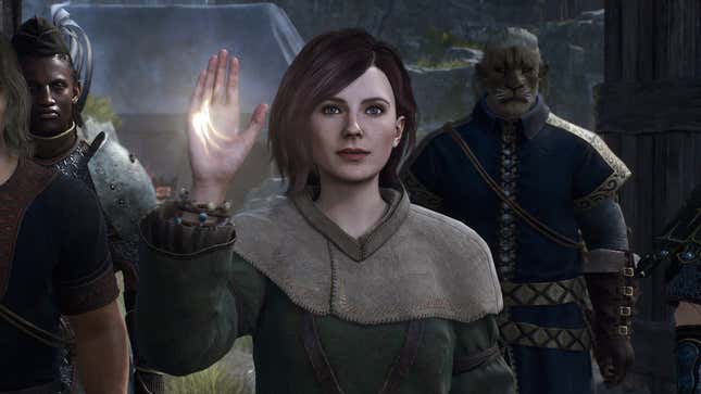 A Dragon's Dogma 2 Pawn raises their right hand to the Arisen in front of them, with an NPC character on the left and right.