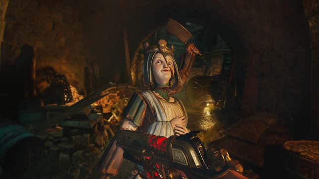 A screenshot of Crisol: Theater of Idols showing a murderous puppet wielding a cleaver.