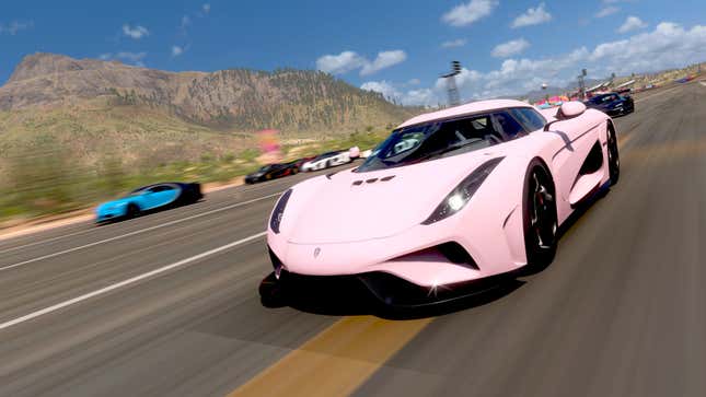 A pink Koenigsegg Regara, one of the best cars in Forza Horizon 5, speeds down a straightaway.