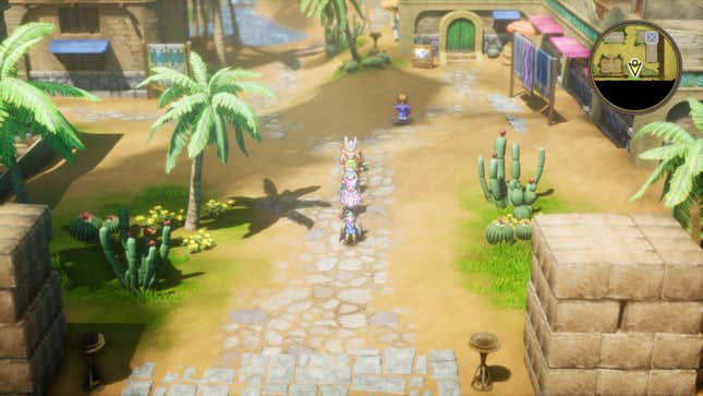 A screenshot of Dragon Quest III HD-2D Remake. The main character’s party is standing on a stone road in a desert town. The entrance of the town is in the foreground, buildings are visible behind them.