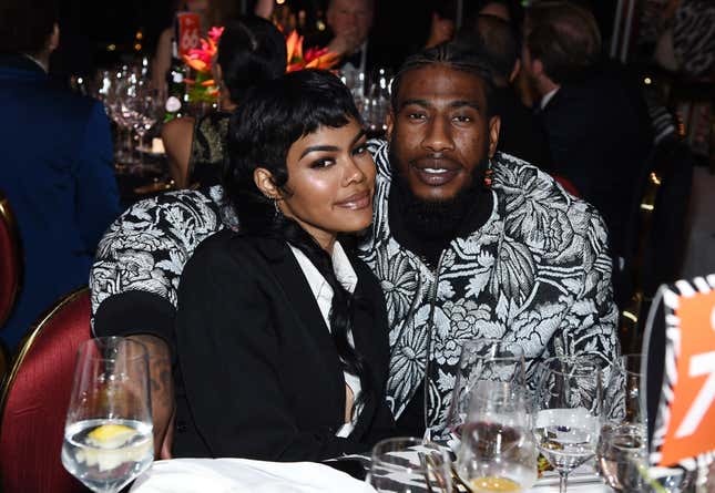  Teyana Taylor, left and Iman Shumpert attend the 28th Annual Elton John AIDS Foundation Academy Awards Viewing Party sponsored by IMDb, Neuro Drinks and Walmart on February 09, 2020 in West Hollywood, California.