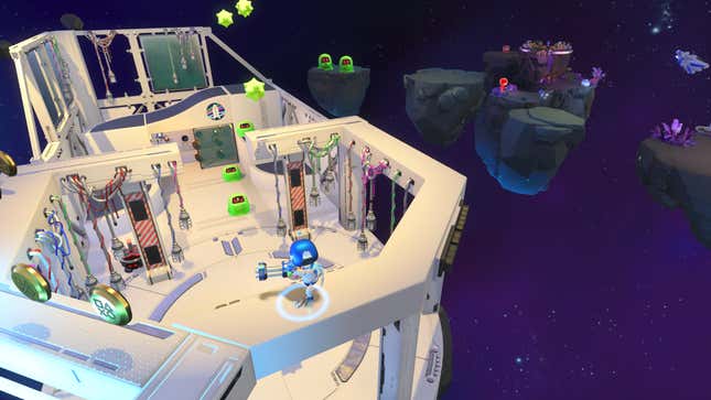 Astro stands on a platform looking over at some slime enemies beneath them.