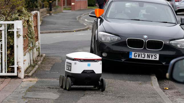 A Starship Technologies robotic vehicle delivers groceries to Co-op customers on March 15, 2023 in Manchester, England.