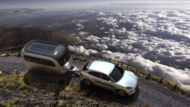 A render of a Porsche towing an Airstream RV trailer.
