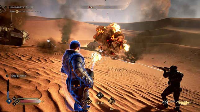 Two figures shoot guns and a flamethrower at oncoming enemies