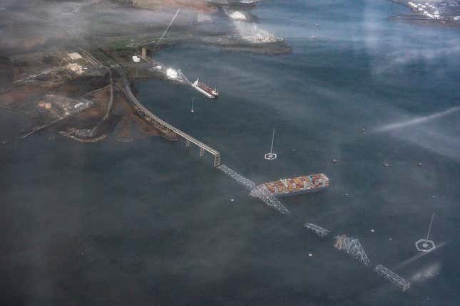 BALTIMORE, MD- March 26: The scene where a container ship crashed into the Francis Scott Key Bridge in Baltimore, MD on March 26, 2024.