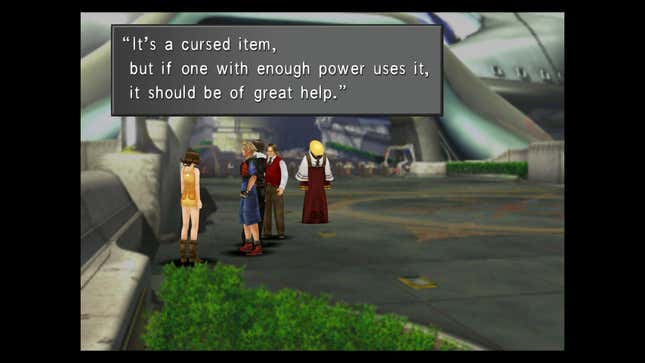 Cid gives Squall a magic lamp with great power.