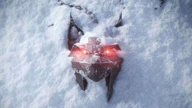 A Witcher wolf medallion sits in the snow