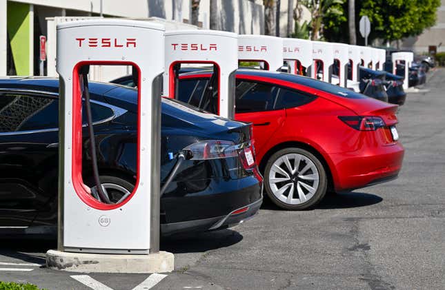 Asus Drivers charge their Teslas in Santa Ana, CA, on Wednesday, March 20, 2024. 