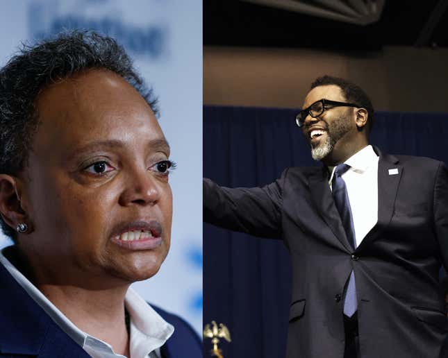 Mayor Lori Lightfoot (left), Mayor-elect Brandon Johnson (right) 