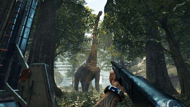 A screenshot shows a person holding a shotgun in front of a large dinosaur.