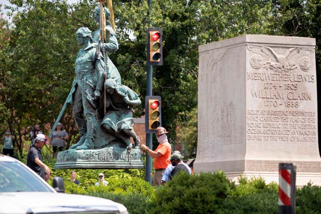 The statue of Meriwether Lewis, William Clark and Sacagawea is removed from Charlottesville, Virginia on July 10, 2021. - The southern US city of Charlottesvill took down two statues honoring Civil War generals for the pro-slavery Confederacy which had become the focus of protests, including a deadly 2017 rally of white supremacists. 