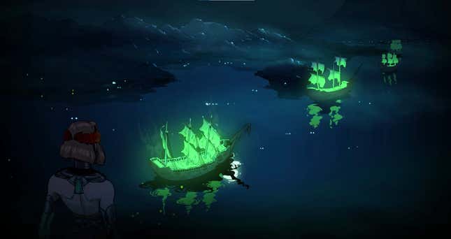 Melinoe looks out at glowing green ships. 