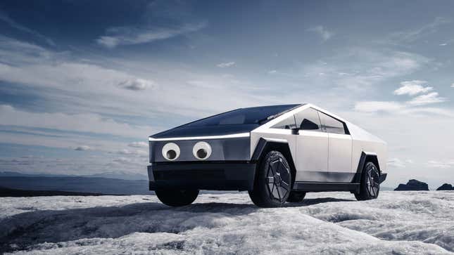 A photo of a Tesla Cybertruck with googly eyes. 