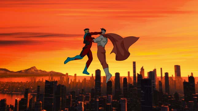 Two superheroes fight in the sky against a sunset, high above a city, in a scene from animated series Invincible.