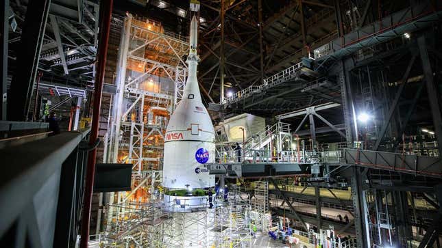 The Orion spacecraft being stacked atop the Space Launch System (SLS). 