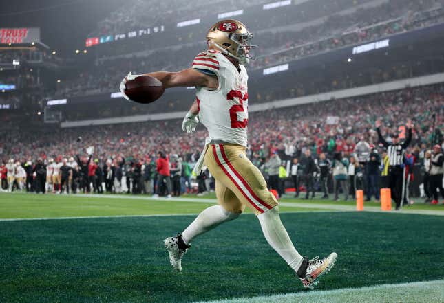 PHILADELPHIA, PENNSYLVANIA - DECEMBER 03: Christian McCaffrey #23 of the San Francisco 49ers celebrates after a touchdown during the second quarter in the game against the Philadelphia Eagles at Lincoln Financial Field on December 03, 2023 in Philadelphia, Pennsylvania. (Photo by Tim Nwachukwu/Getty Images)