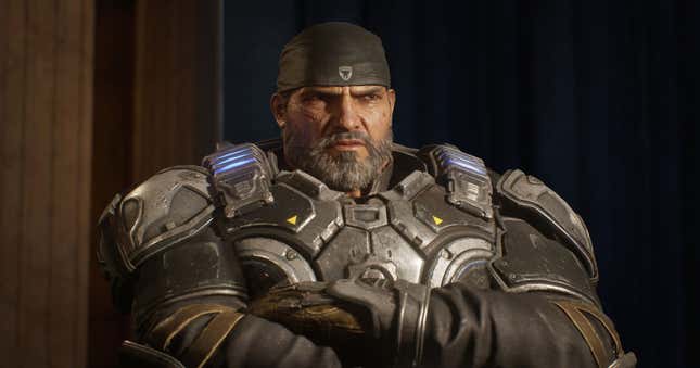 Marcus Fenix in Gears 5, with his arms crossed and looking irritated. 