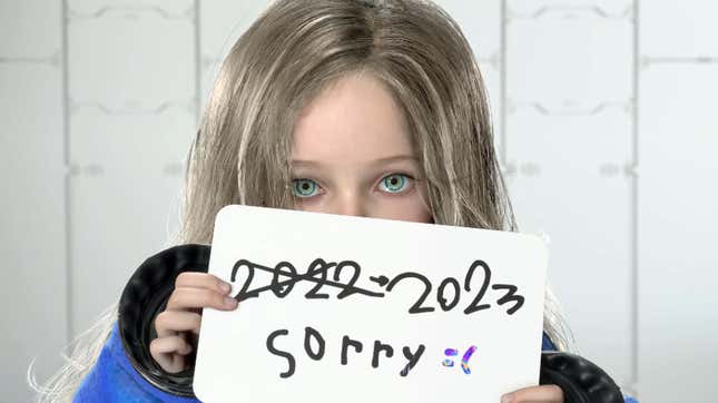 The little girl character holds up a sign with the new release year 2023 and a message reading "sorry."