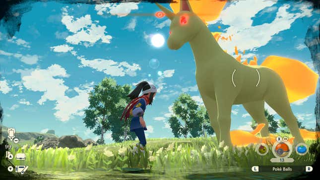 A screenshot from Pokémon Legends: Arceus showing a large, angry fire horse standing over a much smaller player. 