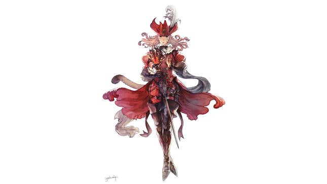 A red mage holding a sword.